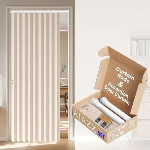 Miniatura 13 de AJAZZ Conjunto: Barras para cortinas sin perforación (28-39" de ancho) y cortina acordeón para puerta, beige 43" de ancho × 78" de largo, puertas