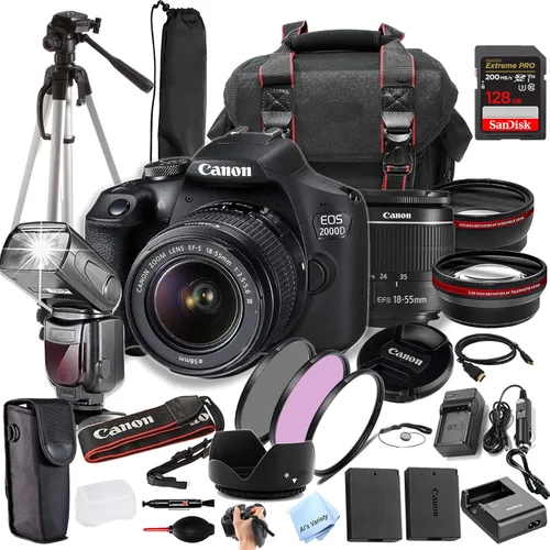 Canon EOS 2000D (Rebel T7) con EF-S 0.709-2.165 in + tarjeta de velocidad extrema de 128 GB, funda para cámara, trípode, TTL Speedlite, batería de