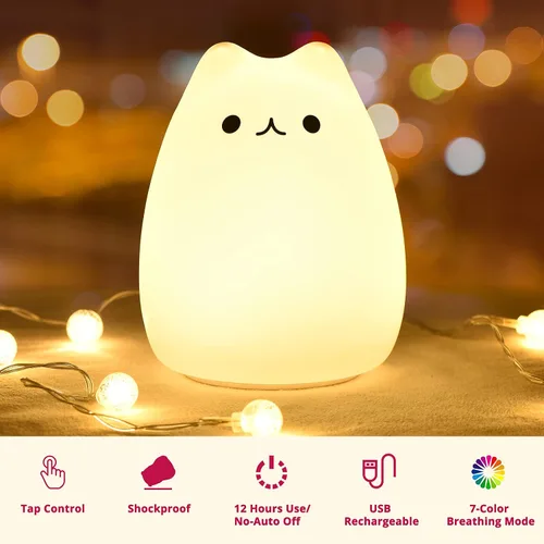 Miniatura 4 de Lámpara LED de mesilla de noche con forma de gato, multicolor silicona suave para habitación del bebé, control, blanco cálido y 7 modos de luz