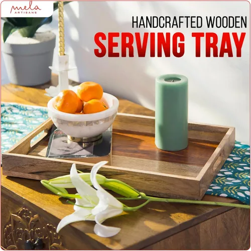 Miniatura 5 de Mela Artisans Bandeja de madera para servir con asas, 15 x 10 x 1.75 pulgadas, bandeja decorativa de madera de mango, bandeja otomana, aperitivos
