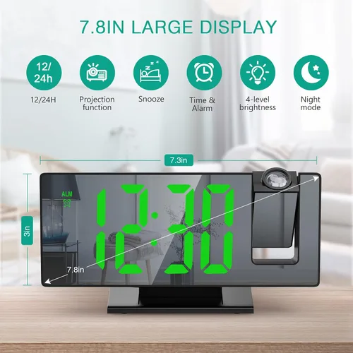 Miniatura 2 de ORIA Reloj despertador de proyección, reloj despertador electrónico LED, reloj despertador de escritorio con espejo de 7.8 pulgadas con temperatura