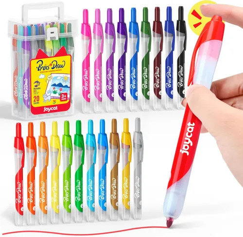 JoyCat Marcadores lavables Click & Draw para niños con puntas retráctiles, juego de marcadores de 20 colores, marcador retráctil para niños