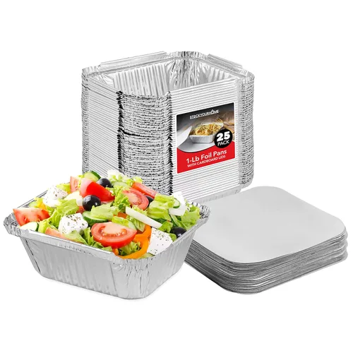 Stock Your Home Utensilios de cocina desechables de aluminio de 1 libra con tapas (paquete de 25) – Sartenes de aluminio con tapas de cartón,