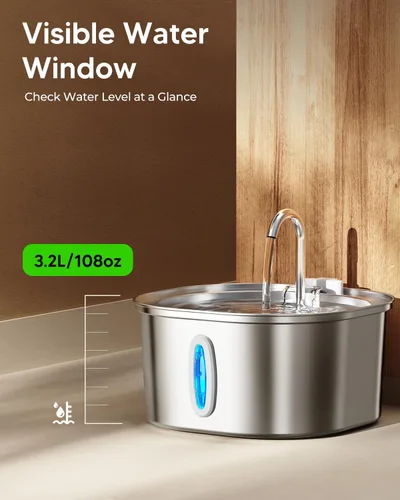 Miniatura 4 de PEKTACO Fuente de Agua para Gatos de Acero Inoxidable, Dispensador de Agua para Gatos de 3.2L/108oz con Bomba de Agua Ultra Silenciosa y Ventana