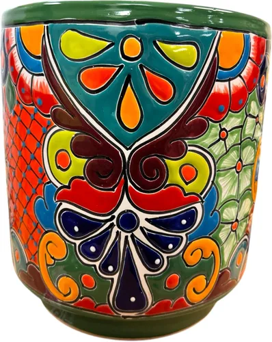 Talavera - Maceta cilíndrica multicolor hecha a mano, arte popular, pintada a mano, decoración del hogar, florero, jardín, cerámica mexicana, hecha