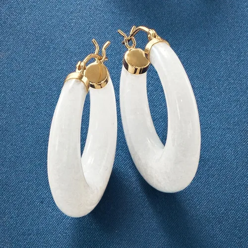 Miniatura 3 de Ross-Simons Aretes redondos de aro de piedras preciosas en oro de 14 quilates de 1 18 pulgadas, Gema, Jade