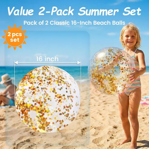Miniatura 2 de FUTUREPLUSX Pelotas de playa con purpurina de 16 pulgadas, 2 bolas de piscina inflables con confeti dorado para niños, cumpleaños, verano, fiesta