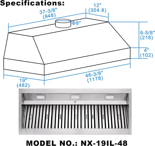 Miniatura 4 de Akicon Inserto de Campana Extractora de 48 Pulgadas, 1200 CFM Campana de Cocina Empotrada con 4 Velocidades, Inserto de Campana de Ventilación
