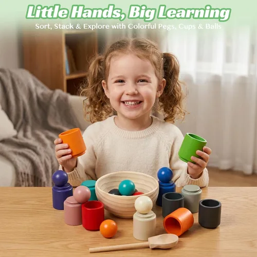 Miniatura 11 de Juguetes Montessori de bolas arcoíris en vasos para niños de 3 años, juegos de madera de preescolar para niños pequeños, juegos de aprendizaje