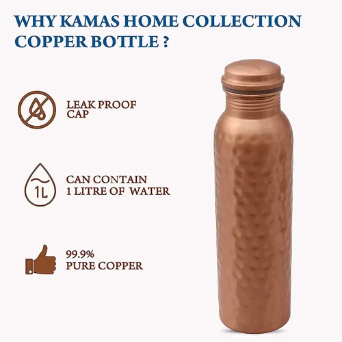 Miniatura 4 de Kamas Home Collection Botella de agua de cobre 100% puro hecha a mano Recipiente de agua de cobre extra grande de 34 onzas de 1 litera – Botella
