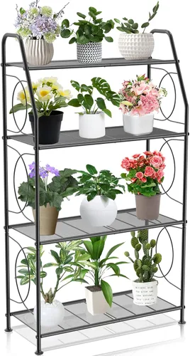 VyGrow Soporte para plantas, estante de 4 niveles para interiores y exteriores, soporte alto de metal resistente para plantas, estante para sala de
