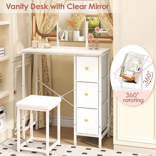Miniatura 5 de Escritorio pequeño de 27.5 pulgadas con espejo y silla, juego de tocador de maquillaje compacto con silla, tocador pequeño con 3 cajones de tela