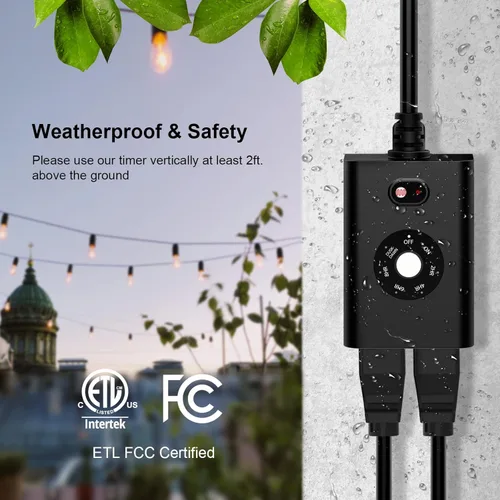 Miniatura 4 de Temporizador para exteriores con sensor para luces del atardecer al amanecer, enchufe impermeable con 2 tomas de tierra para decoración navideña