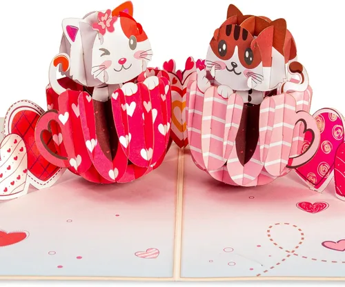 Paper Love Tarjeta romántica desplegable 3D, taza de gato con amor, para el día de la madre, día de San Valentín, aniversario, boda, compromiso,
