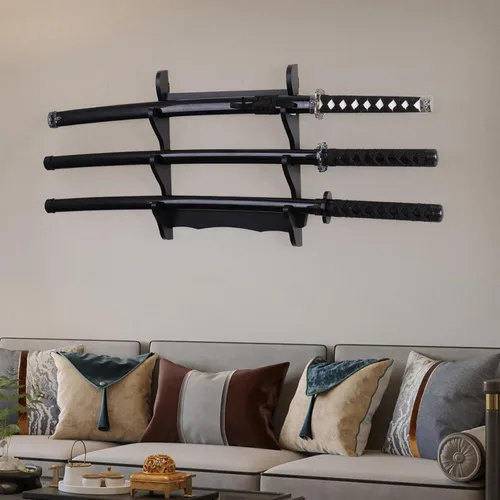 Miniatura 6 de Soporte de pared Katana, soporte de pared de espada Katana, 2 juegos de madera, soporte de pared para exhibición de espadas, (espadas no incluidas)