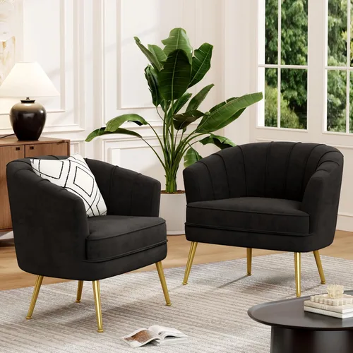 Miniatura 20 de Silla de acento de terciopelo Andeworld, silla de sofá individual moderna tapizada, sillón de club de barril cómodo para sala de estar con patas