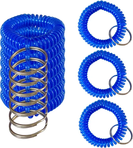 10 pulseras coloridas de bobina de muñeca, llavero en espiral, pulsera para llavero para piscina, gimnasio, insignia de identificación (azul