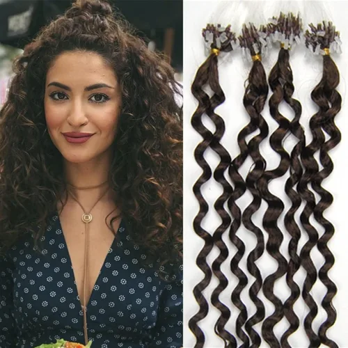 Miniatura 13 de Micro Link - Extensiones de cabello rizado con micro anillo, punta de bucle, cabello humano Remy real, color marrón oscuro, 20 pulgadas, 100 s #02