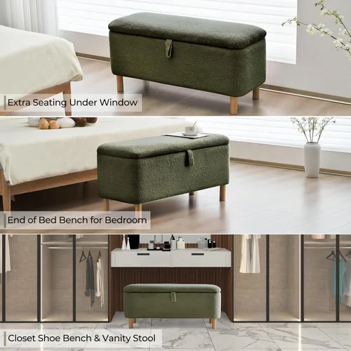 Miniatura 6 de Banco otomano de almacenamiento Boucle para dormitorio al pie de la cama, asiento tapizado en sherpa con almacenamiento para zapatos para entrada