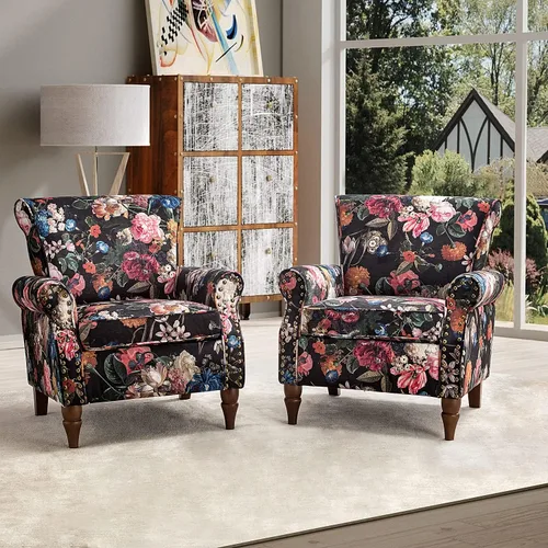 Miniatura 29 de HULALA HOME Silla moderna con respaldo de alas con patas de madera y cojín extraíble, cómodo sillón tapizado con ribete de cabeza de clavo, sofá