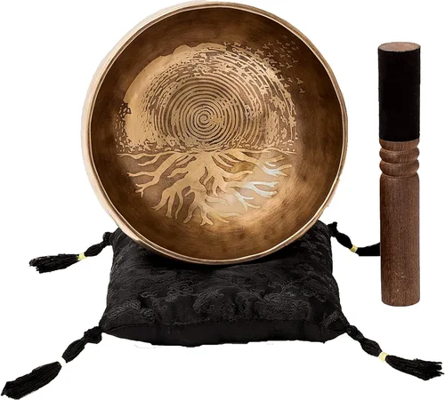 Miniatura 7 de Ohm Store - Juego de cuencos tibetanos grandes de diseño antiguo, cuenco de sonido relajante de meditación de tono profundo y mazo de madera hecho a