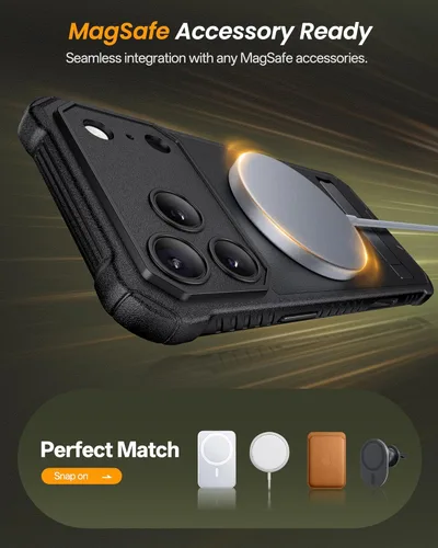 Miniatura 5 de Funda para iPhone 17 Pro, compatible con MagSafe, soporte integrado y botón de captura de control de cámara, protección de grado militar, funda Negro
