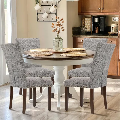 COLAMY - Juego de 4 sillas de comedor tapizadas estilo Parsons, sillas de cocina y comedor de tela con adornos de cabeza de clavo y patas de madera