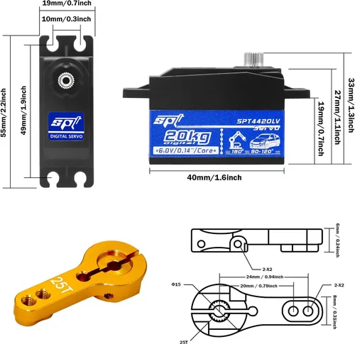 Miniatura 6 de GOUPRC Servo de perfil bajo de 44.1 lbs de alto par de engranaje de metal servo digital con brazo de metal 25T para 1/8 1/10 1/12 RC modelo DIY