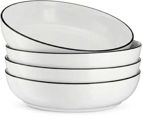 KooK Juego de cuencos de porcelana para pasta, borde negro, juego de 4 | 40 oz