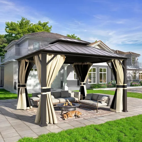 Miniatura 12 de UDPATIO Gazebo de techo rígido de 10 x 10 pies, glorieta de metal para exteriores con techo de acero galvanizado, pabellón permanente con malla