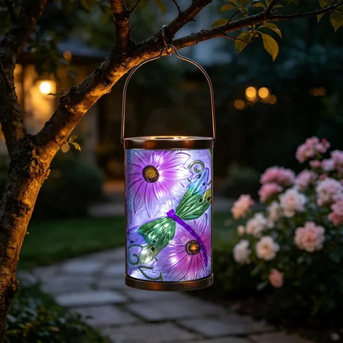 Miniatura 23 de Farol solar para exteriores, impermeable, colgante, luces solares de cristal de pájaro azul, faroles decorativos para exteriores, patio, césped