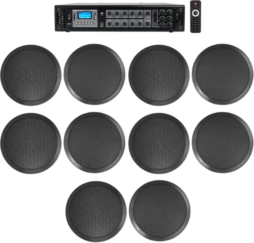 Rockville Paquete RCS180-6: Amplificador comercial de 6 zonas 184W RMS 70V con Bluetooth, (5) pares CC80T negro 8" 70V altavoces de techo 50W, para
