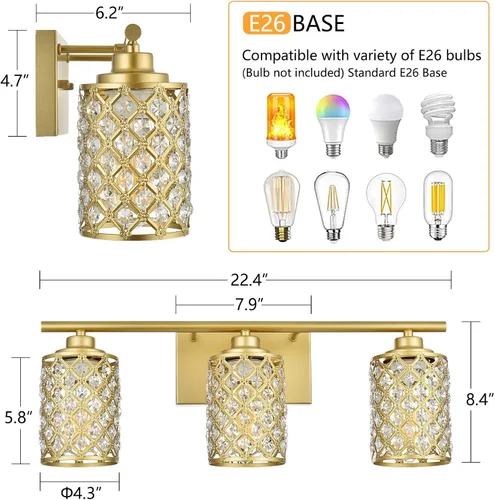 Miniatura 3 de 3 Luces de Iluminación de Oro para Baño, Luz Moderna de Tocador de Granja, Accesorio de Iluminación de Tocador de Cristal para Cuarto de Polvo
