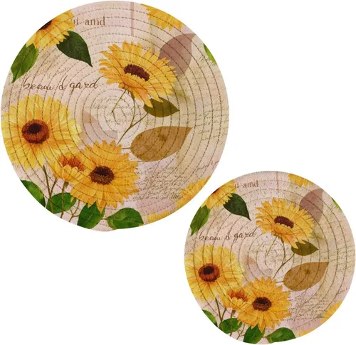 Blueangle Juego de 2 agarraderas redondas tejidas de algodón trenzado de girasoles y girasoles amarillos, manteles de mesa para cocinar y hornear