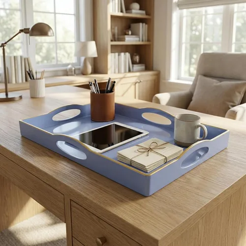 Miniatura 2 de Bandeja de servir azul con 4 asas, bandeja decorativa de plástico para mesa de café, otomana - Ideal para sala de estar y baño. 15 x 11 x 1.9