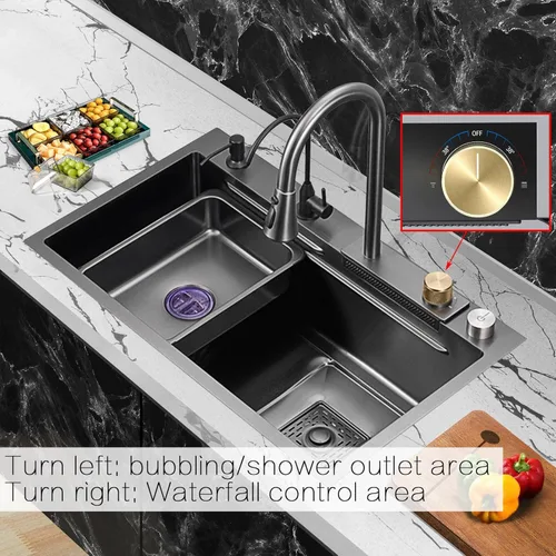 Miniatura 3 de Fregadero de cocina tipo cascada, fregadero de barra de acero inoxidable de un solo tazón negro, montaje inferior de la instalación de encimera
