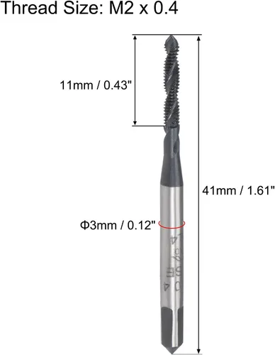 Miniatura 2 de uxcell M2 x 0,4 espiral flauta roscada, máquina métrica roscado HSS Nitruración revestido, vástago redondo con extremo cuadrado, tolerancia H2