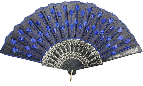 Miniatura 15 de InnoLife Elegante abanico de mano plegable con flores bordadas y patrón de pavo real con lentejuelas en tela artesanal (5 piezas, rojo)