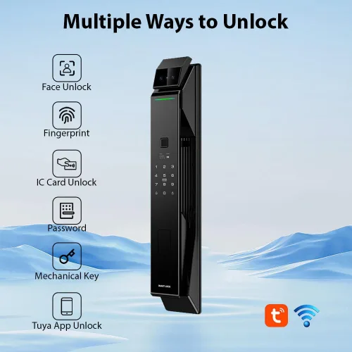 Miniatura 5 de Cerradura de puerta inteligente de huellas dactilares con cámara, cerradura de puerta de entrada sin llave de reconocimiento facial 3D, cerradura