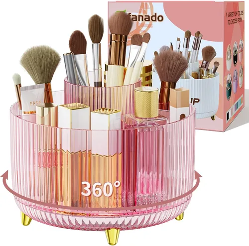 Miniatura 8 de Organizador de maquillaje giratorio transparente para tocador, organizador de brochas de maquillaje de 360° con 5 compartimentos, almacenamiento