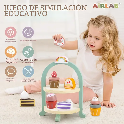 Miniatura 3 de Juego de juguetes de madera para tartas, juego de fiesta de té, juguete de comida de postres con soporte para cupcakes, accesorios de cocina