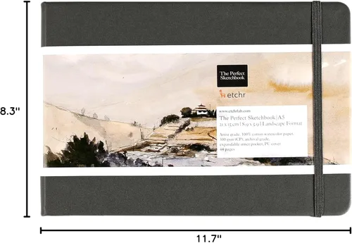 Miniatura 8 de Etchr Perfect Sketchbook - Cuaderno de dibujo A5 Landscape - Prensa en frío 100% algodón - Libro de dibujo de tapa dura de 5.8 x 8.3 pulgadas con 44