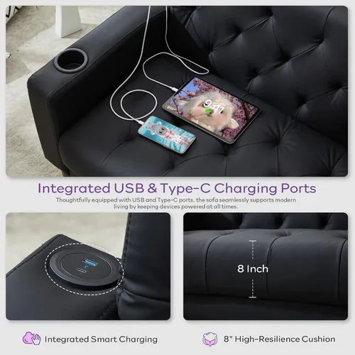 Miniatura 5 de TYBOATLE Sofá loveseat de 62" de ancho con 2 puertos de cargador USB y 2 portavasos, sofá de amor pequeño tapizado de cuero negro estilo moderno