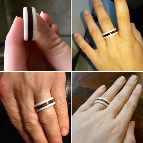 Miniatura 20 de THREE KEYS JEWELRY 6,8mm Black/White Ceramic Wedding Ring with Real Koa Wood Inlay Flat Top Wedding Band Engagement Ring Comfort Fit Size 4-16