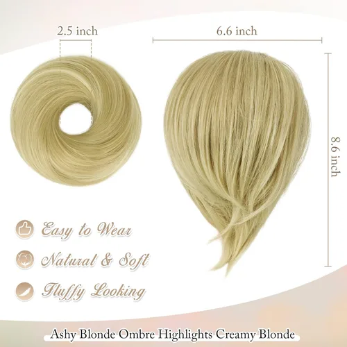 Miniatura 2 de BARSDAR Extensiones de moño de cabello lacio – Extensiones de moño de cabello rubio lacio corto para mujer, extensiones de moño sintético elástico