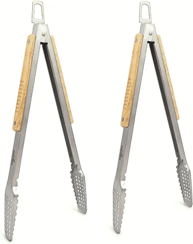 Miniatura 15 de Pinzas para barbacoa de acero inoxidable 18/0 de 9 pulgadas con mango ergonómico de madera de roble real para cocinar, accesorio duradero
