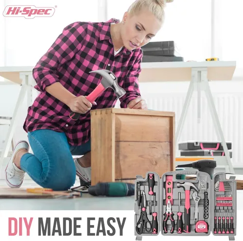 Miniatura 6 de Hi-Spec Juego de herramientas de reparación de bricolaje rosa para el hogar, 54 piezas, para mujeres, mujeres, principiantes, herramientas manuales