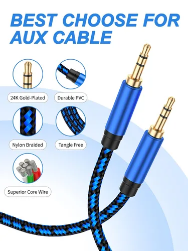 Miniatura 3 de Cable auxiliar de 3 pies – Cable de audio trenzado de nailon de 0.138 in para estéreo de coche, cable auxiliar para auriculares, altavoces