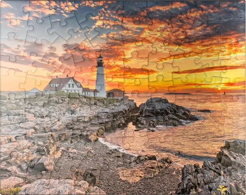MyPuzzle Portland Lighthouse At Sunrise in New England Maine USA - Rompecabezas prémium de 100 piezas para adultos