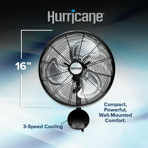 Miniatura 2 de Hurricane Ventilador de Pared de Metal Oscilante Pro de Alta Velocidad con 3 Velocidades, Negro, 16" - Unidad de Enfriamiento de Aire Eléctrica